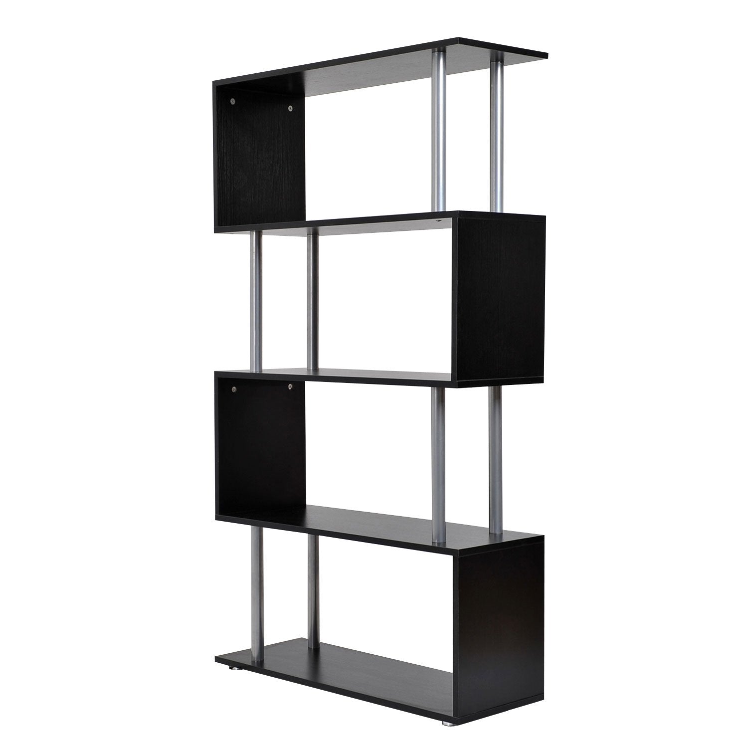 4-Tires Wooden Bookcase S Shape Storage Display Unit Home Décor Black