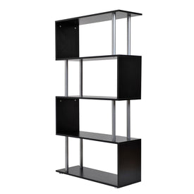 4-Tires Wooden Bookcase S Shape Storage Display Unit Home Décor Black