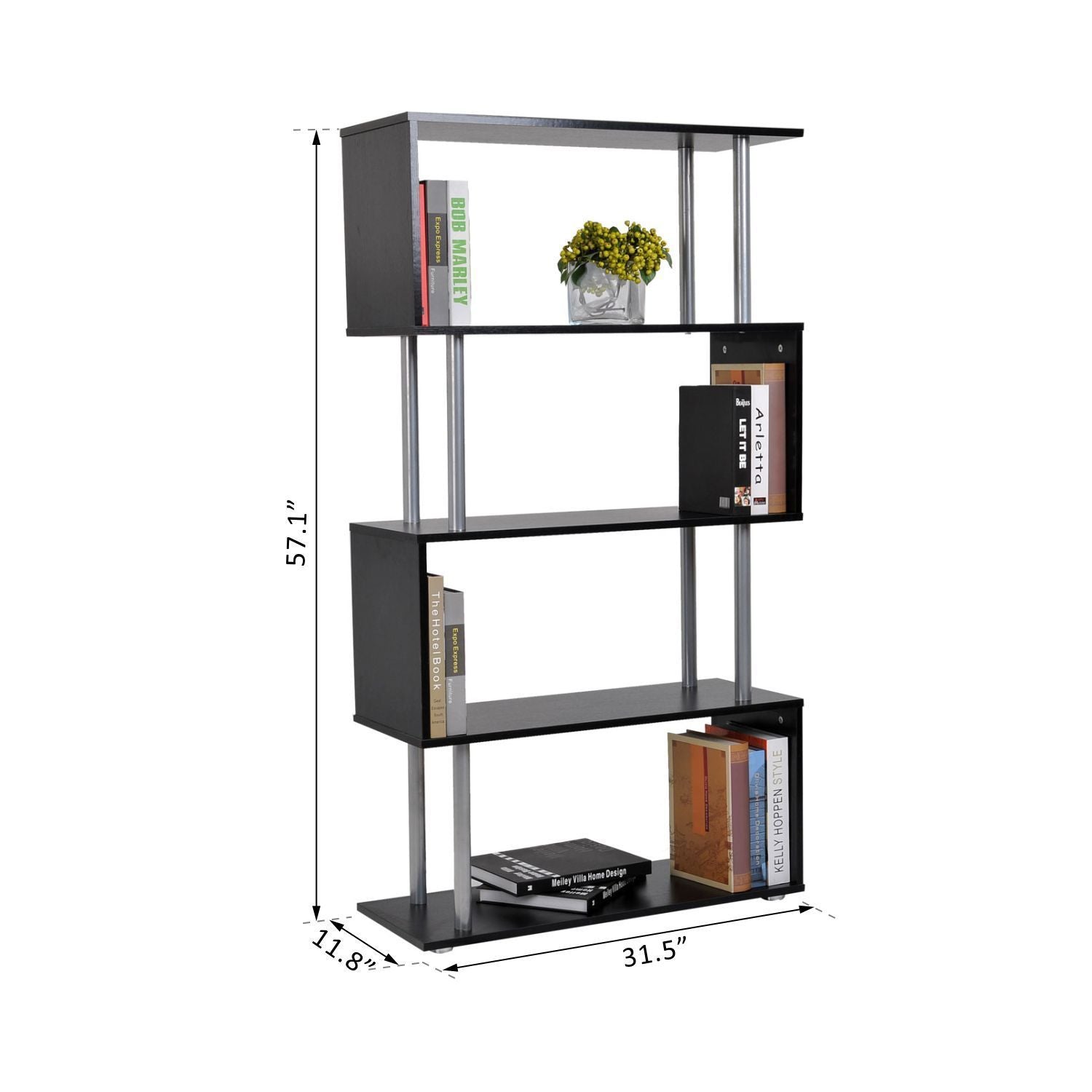 4-Tires Wooden Bookcase S Shape Storage Display Unit Home Décor Black