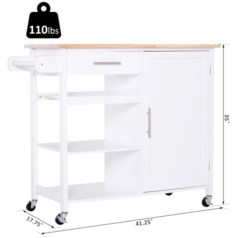 Image of Kitchen Trolley Serving Cart Rolling with Drawer and Open Shelf White