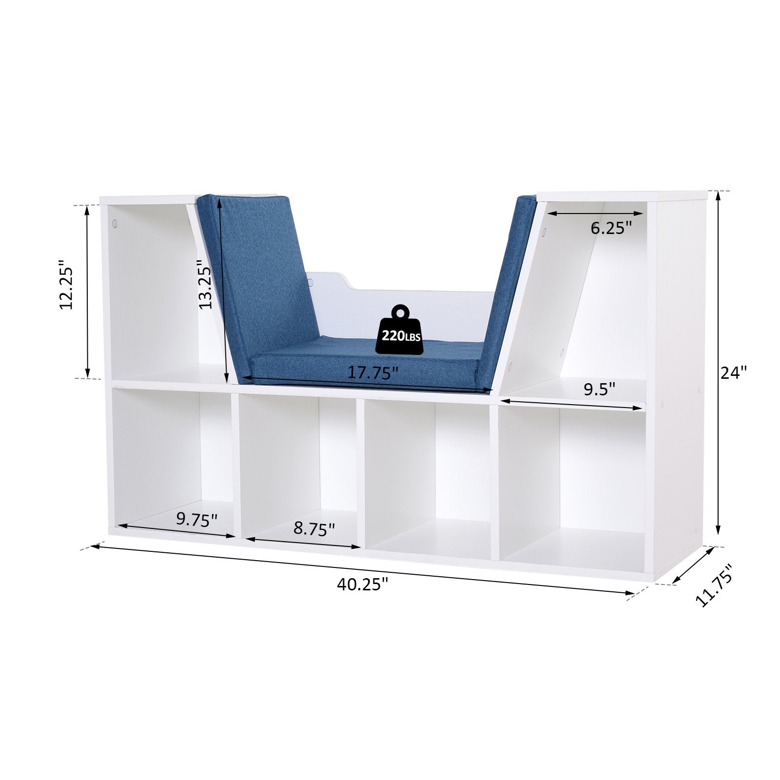 6-Cubby Kids Bookcase w/ Cushioned Seat Reading Nook Multi-Purpose Storage Organizer Cabinet Shelf Children Bedroom Decor White Blue