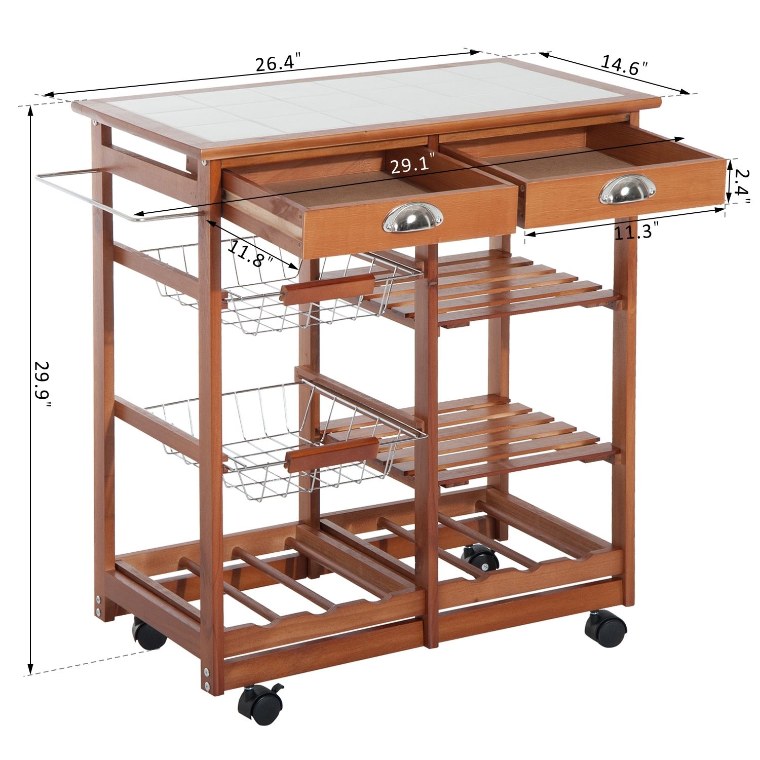 Rolling Kitchen Trolley Cart 4 Tier Storage Wooden Table Rack 2 Drawers Baskets Countertop