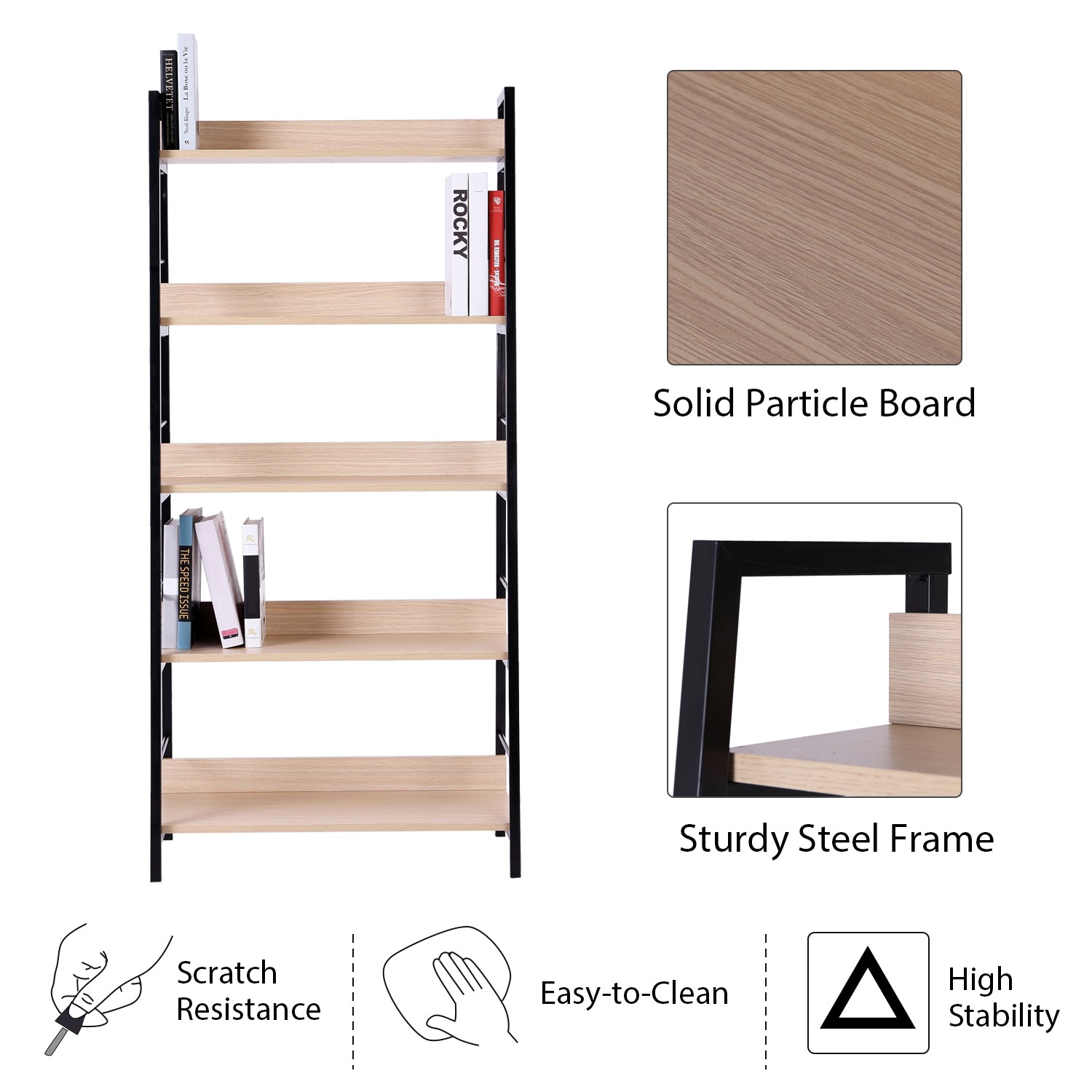 Wood Bookcase 5-Tier Wide Bookshelf Shelving Storage Furniture Home (Oak/Black)