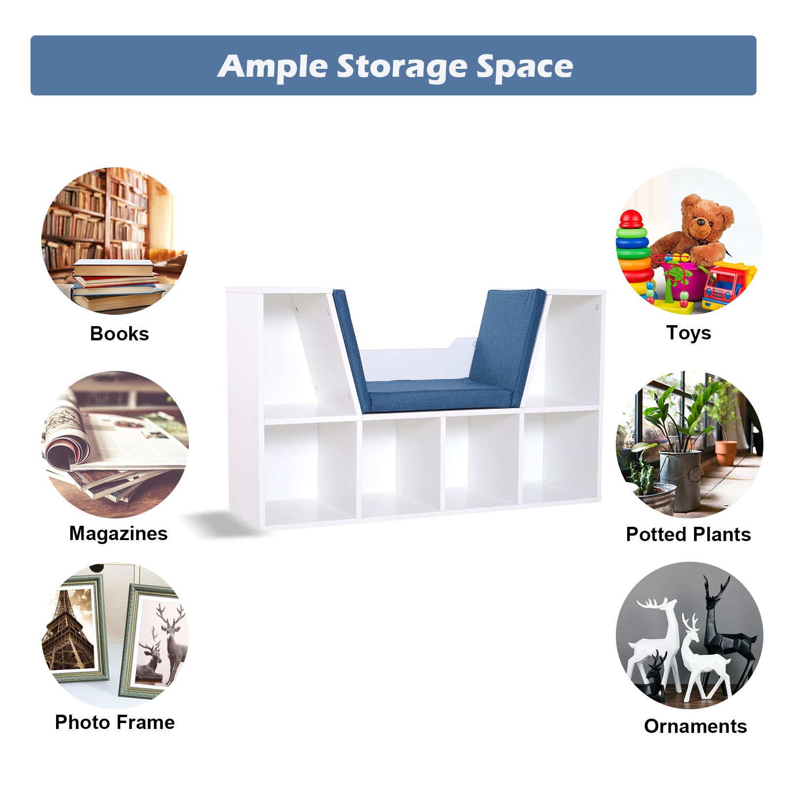 6-Cubby Kids Bookcase w/ Cushioned Seat Reading Nook Multi-Purpose Storage Organizer Cabinet Shelf Children Bedroom Decor White Blue