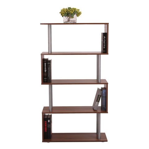 Image of Wooden Bookcase S Shape Storage Display Unit 4 Shelf Home Décor Walnut
