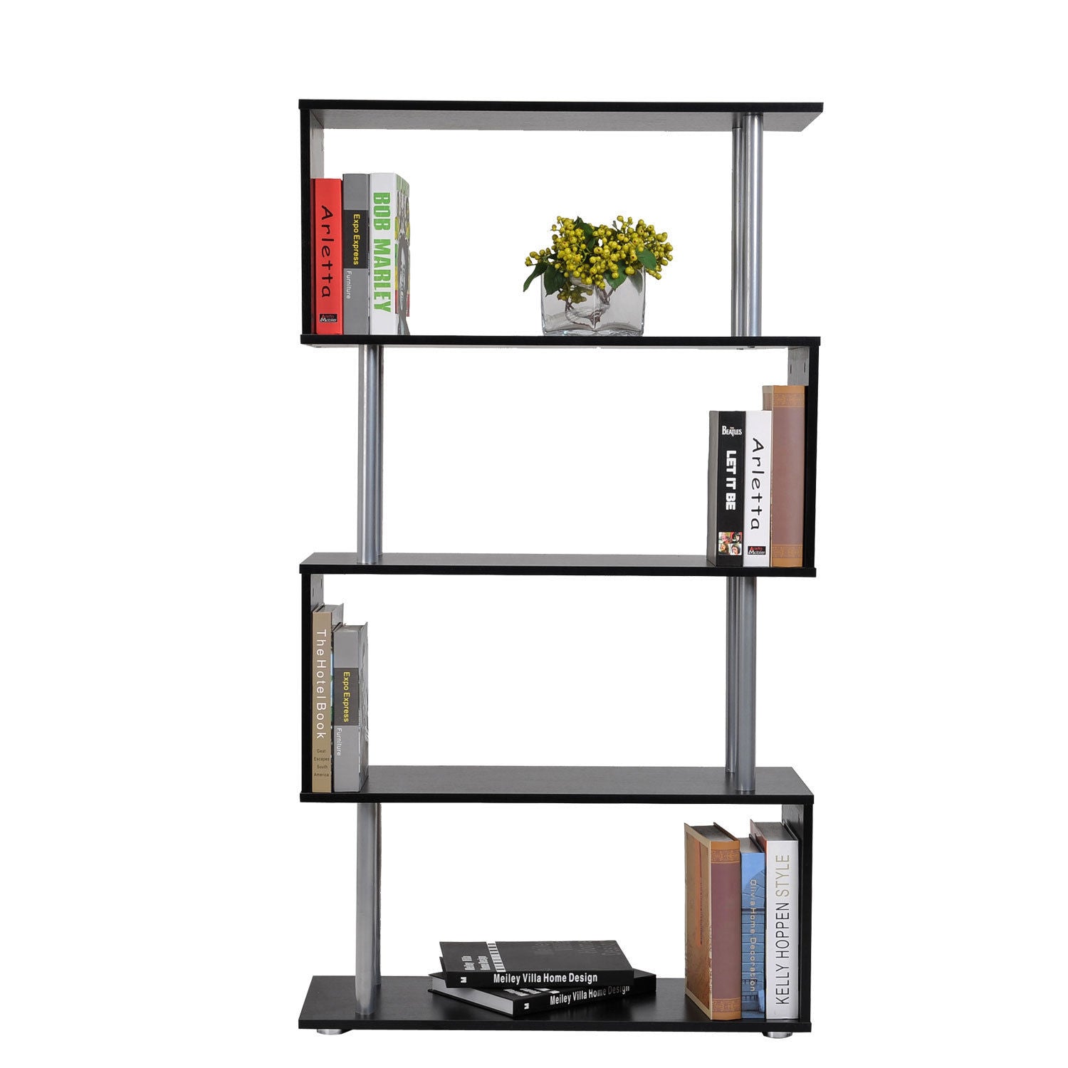 4-Tires Wooden Bookcase S Shape Storage Display Unit Home Décor Black