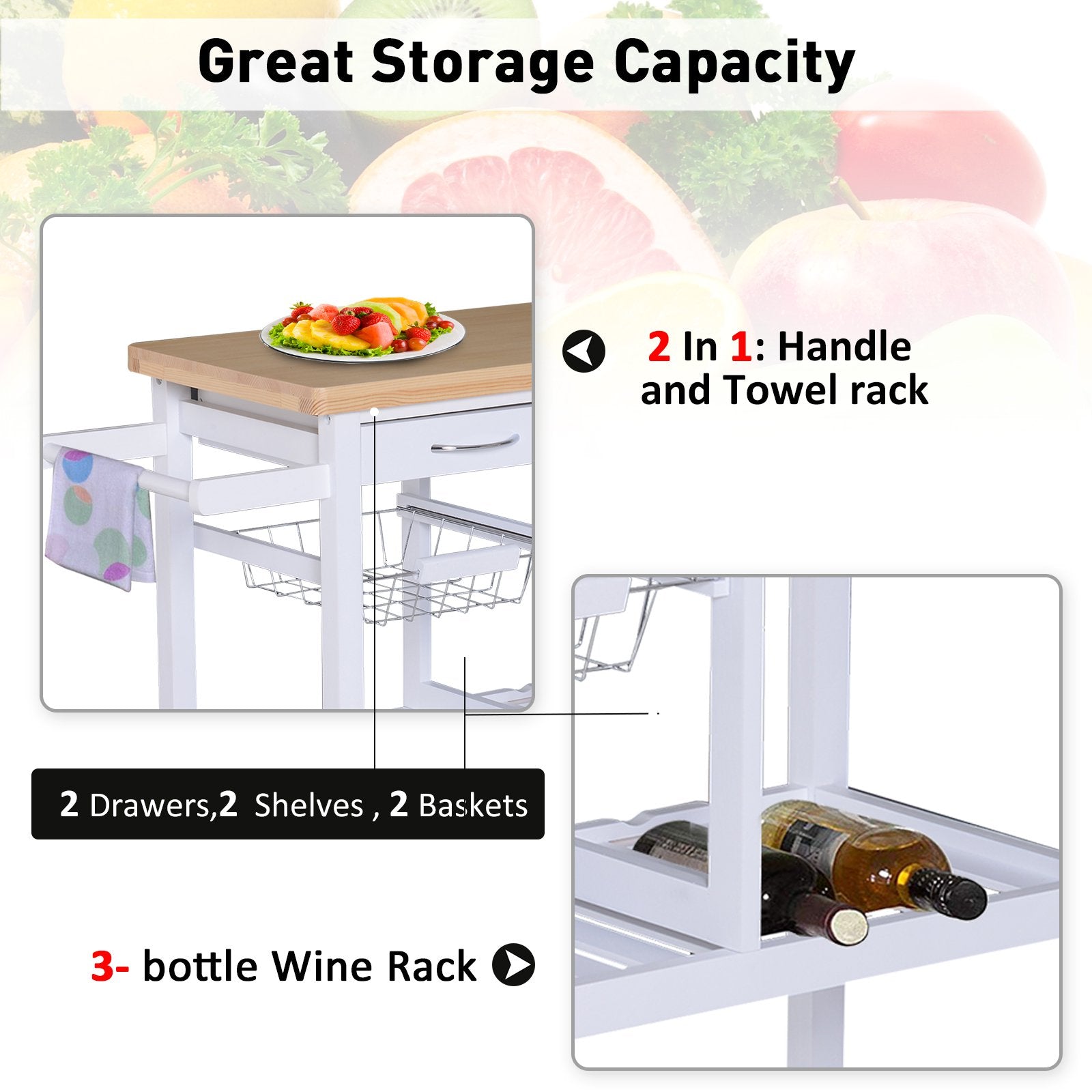 Wooden Rolling Kitchen Trolley Wood Top Island Storage Serving Cart Included Wine Rack with Drawers White