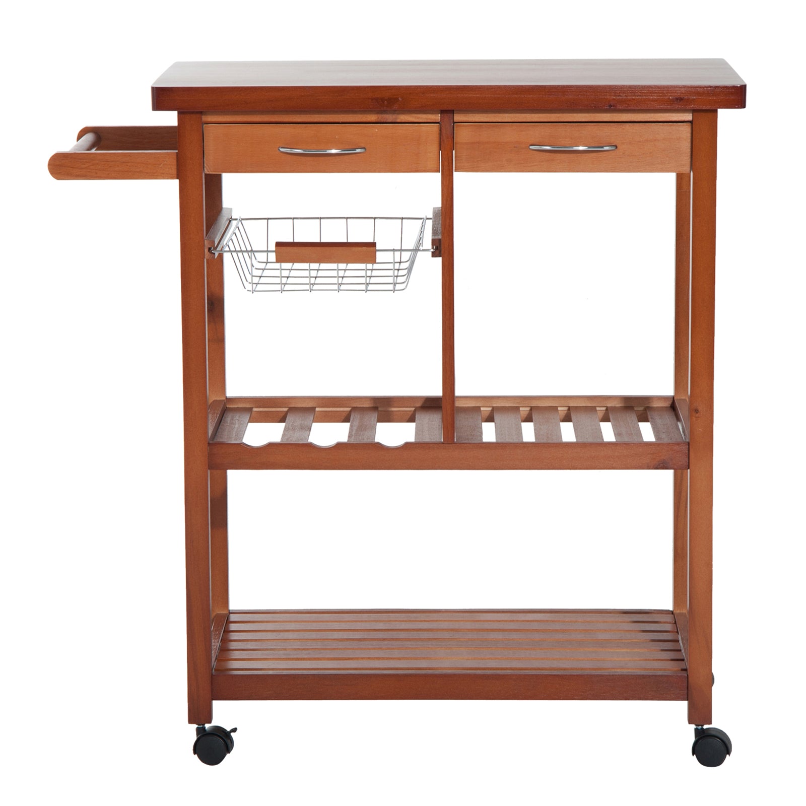 Wooden Kitchen Trolley Cart Basket Drawer Dining Storage w/Roller Holder Wood