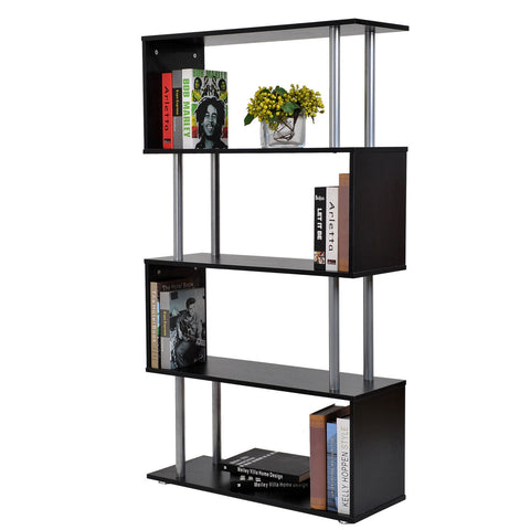 Image of 4-Tires Wooden Bookcase S Shape Storage Display Unit Home Décor Black