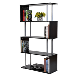 4-Tires Wooden Bookcase S Shape Storage Display Unit Home Décor Black