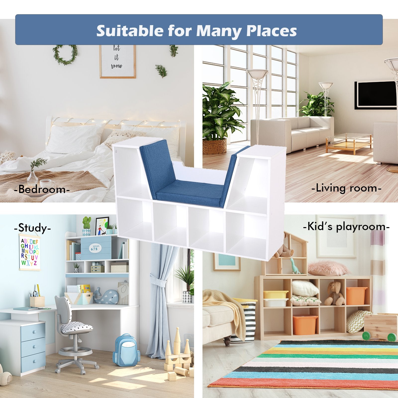 6-Cubby Kids Bookcase w/ Cushioned Seat Reading Nook Multi-Purpose Storage Organizer Cabinet Shelf Children Bedroom Decor White Blue