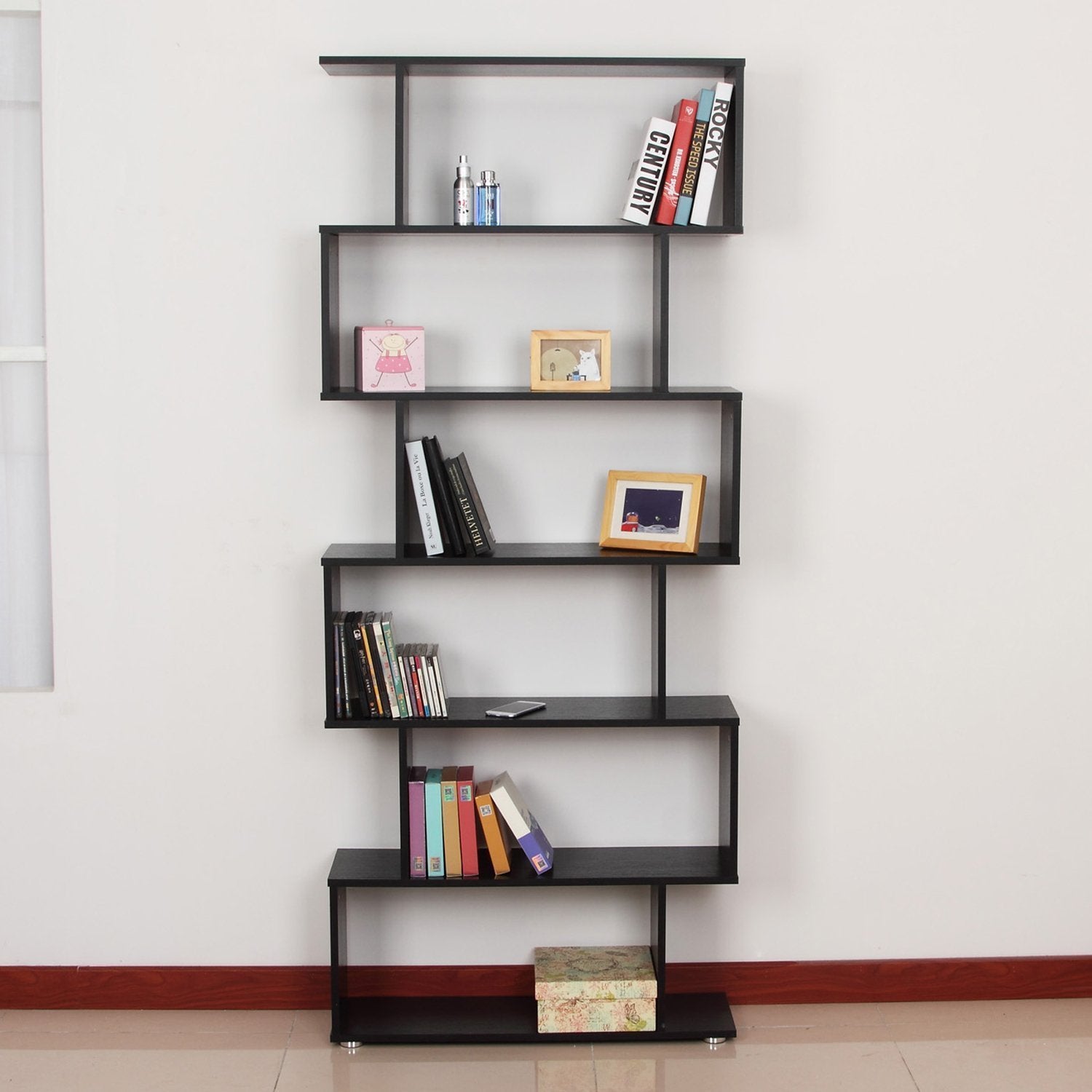 Wooden S Shape Bookcase 6 Shelves Storage Display Home Office Furniture