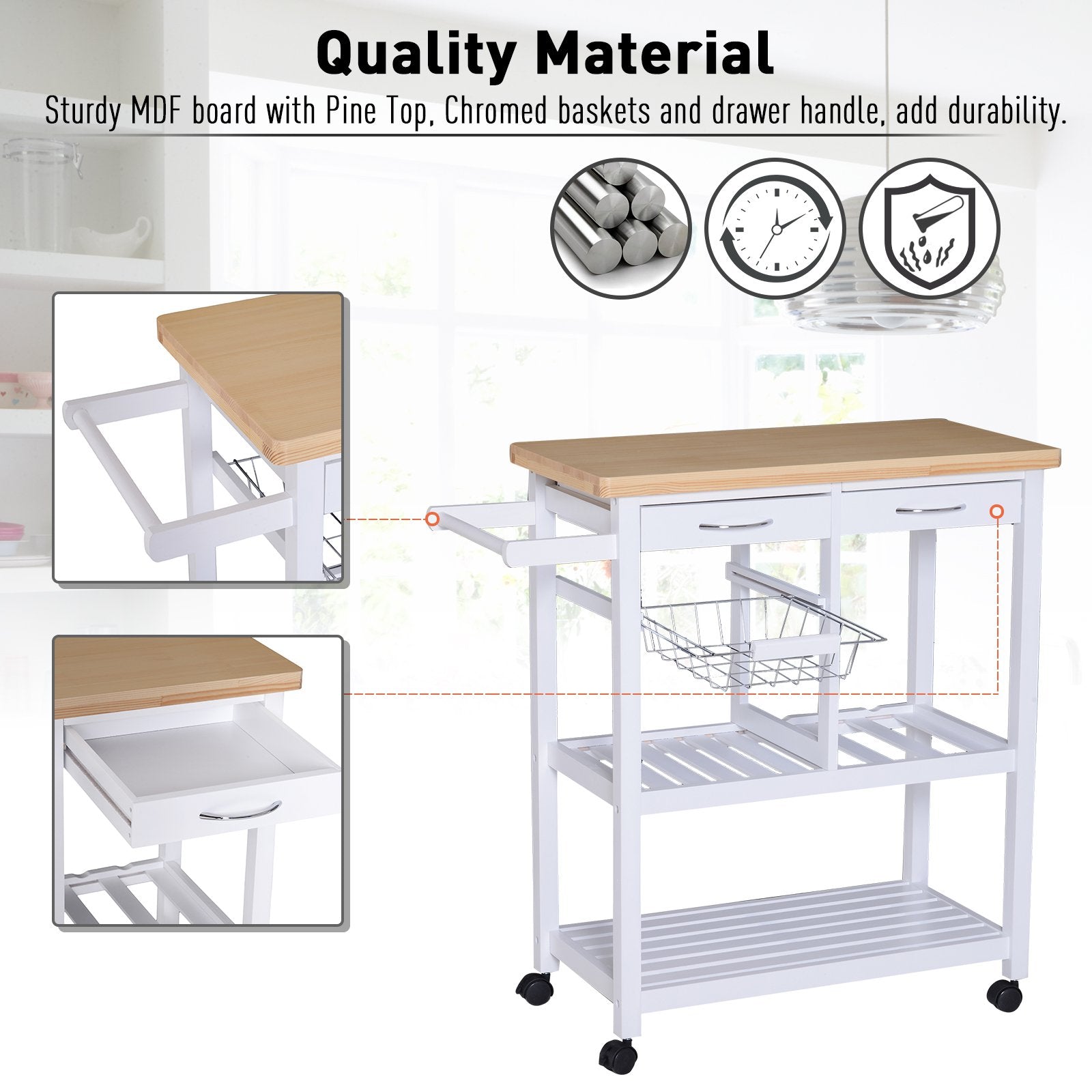 Wooden Rolling Kitchen Trolley Wood Top Island Storage Serving Cart Included Wine Rack with Drawers White
