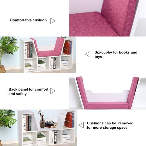 6-Cubby Kids Bookcase w/ Cushioned Seat Reading Nook Storage Organizer Cabinet Shelf Children Bedroom Decor Room White/Pink