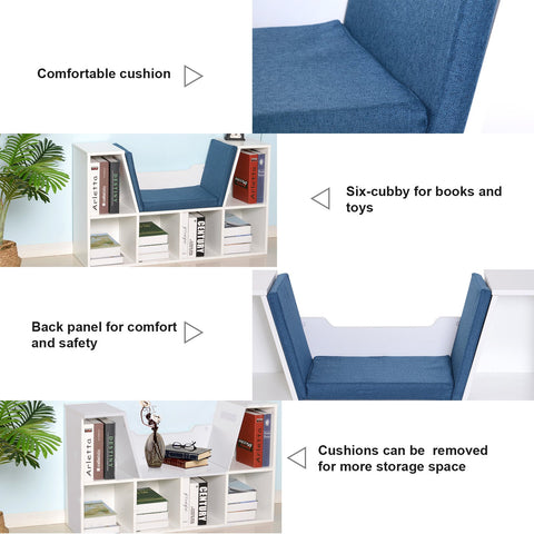 Image of 6-Cubby Kids Bookcase w/ Cushioned Seat Reading Nook Multi-Purpose Storage Organizer Cabinet Shelf Children Bedroom Decor White Blue