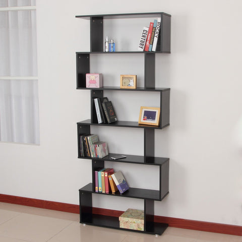 Wooden S Shape Bookcase 6 Shelves Storage Display Home Office Furniture