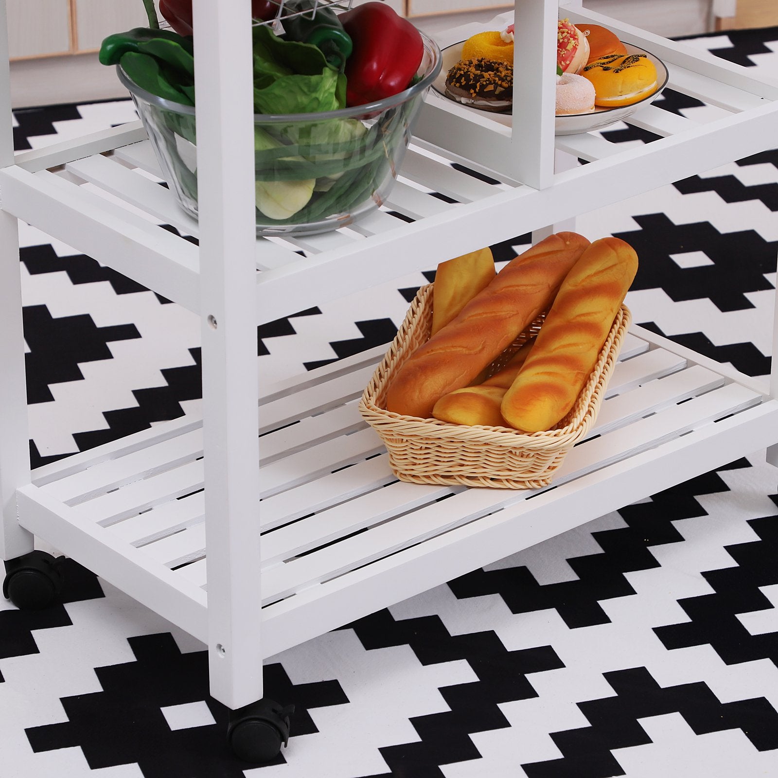 Wooden Rolling Kitchen Trolley Wood Top Island Storage Serving Cart Included Wine Rack with Drawers White