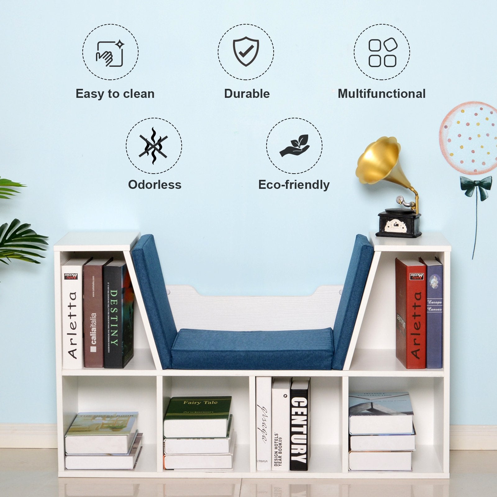 6-Cubby Kids Bookcase w/ Cushioned Seat Reading Nook Multi-Purpose Storage Organizer Cabinet Shelf Children Bedroom Decor White Blue