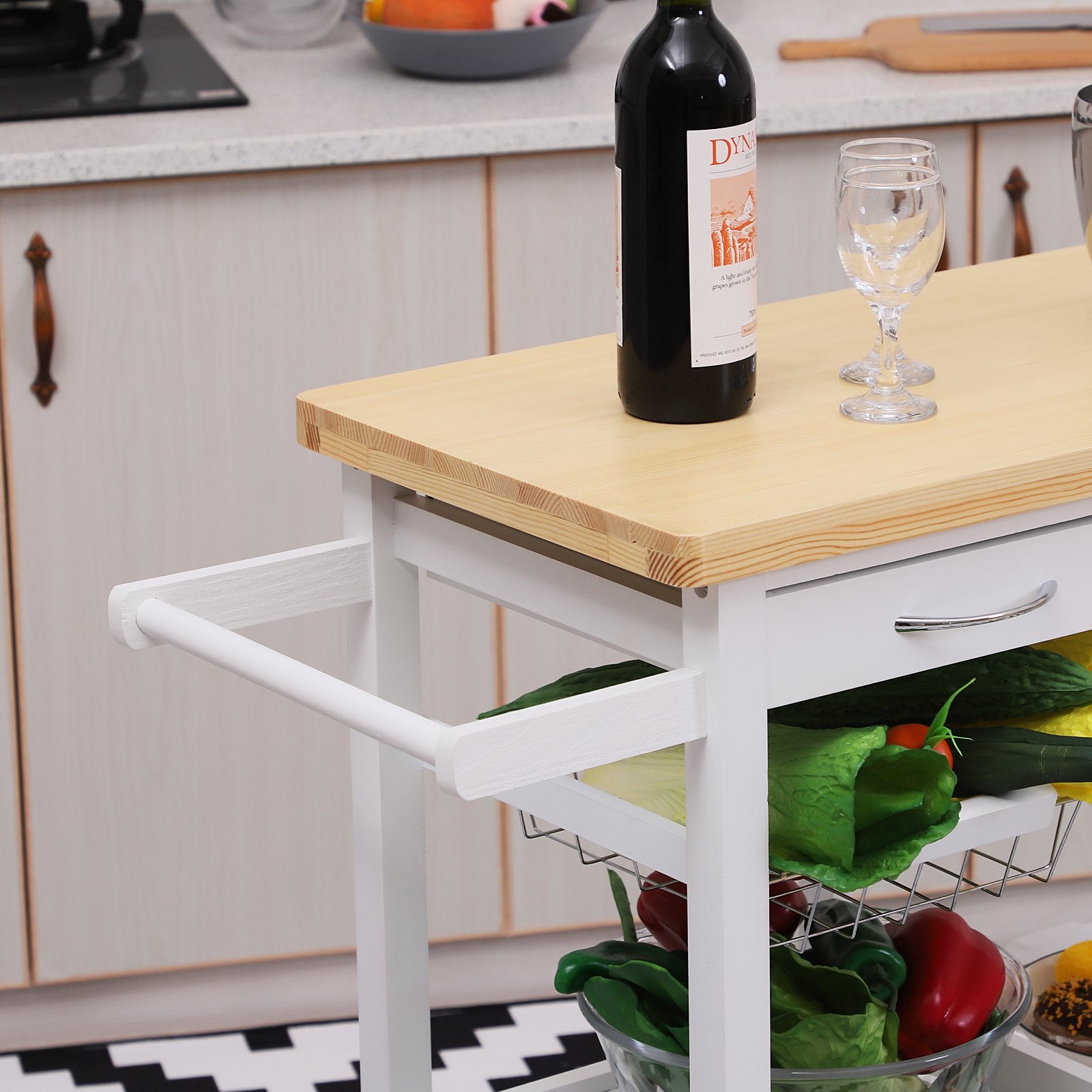 Wooden Rolling Kitchen Trolley Wood Top Island Storage Serving Cart Included Wine Rack with Drawers White
