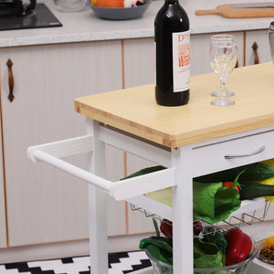 Wooden Rolling Kitchen Trolley Wood Top Island Storage Serving Cart Included Wine Rack with Drawers White