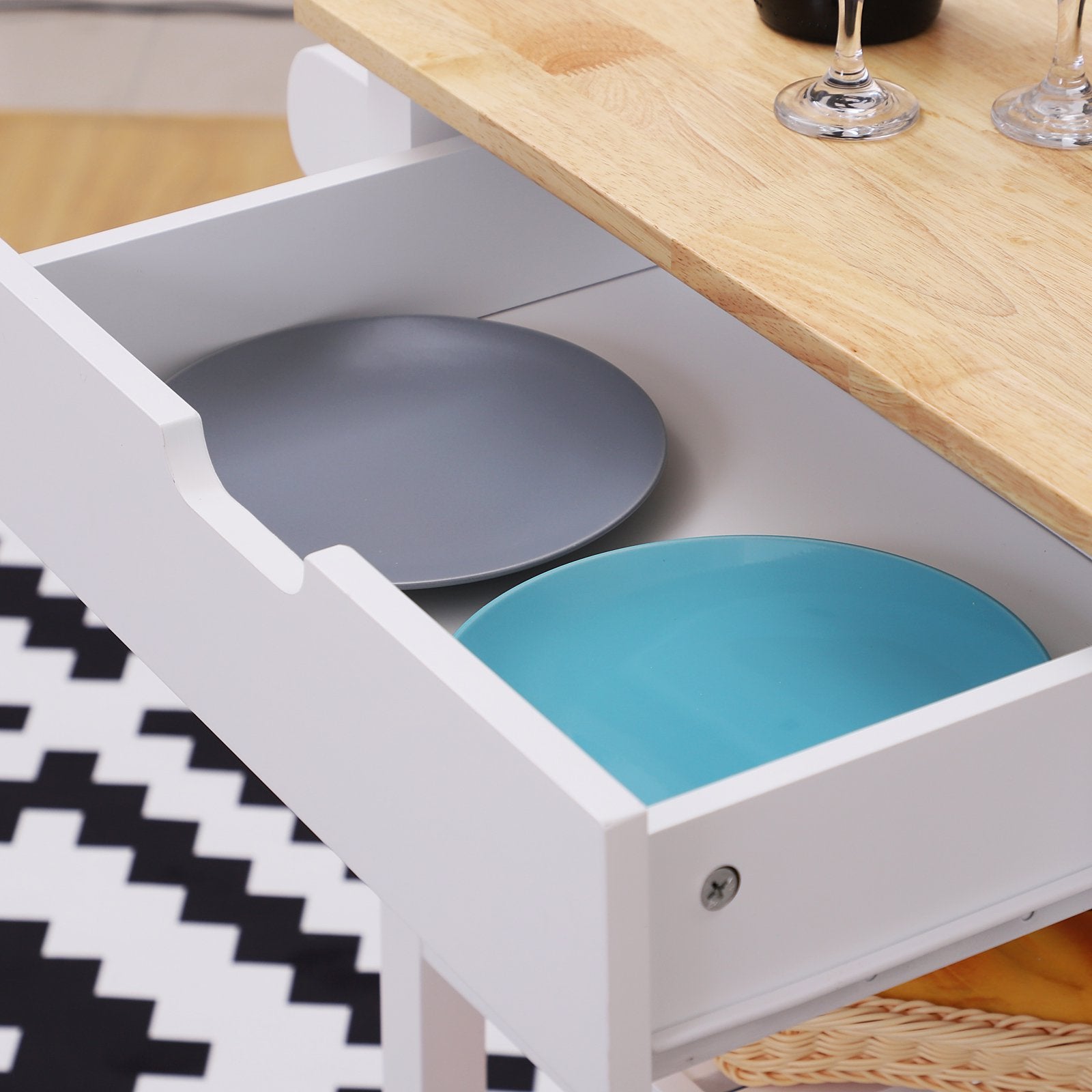 Wooden Rolling Kitchen Trolley Wood Top Island Storage Serving Cart Included Wine Rack with Drawers White