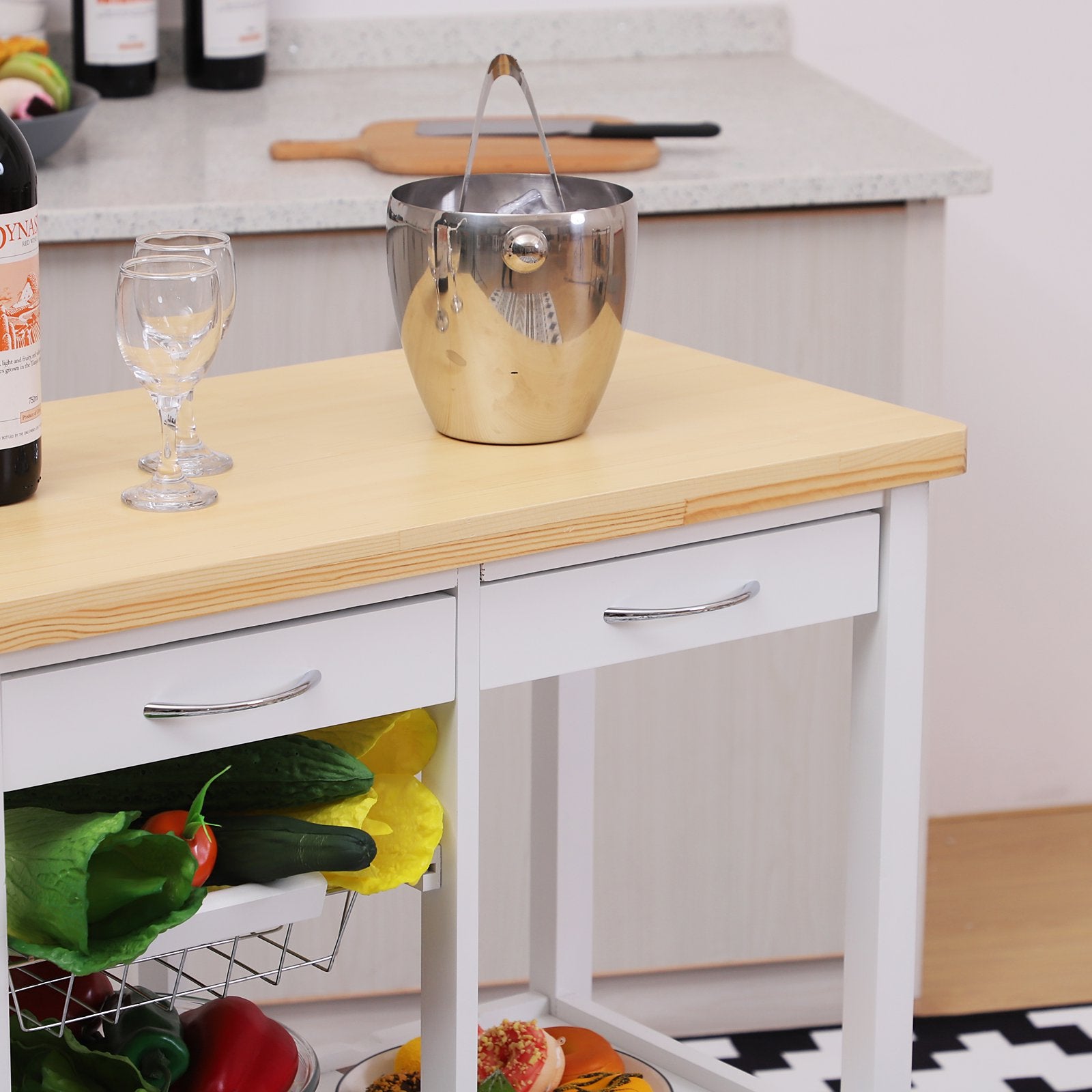 Wooden Rolling Kitchen Trolley Wood Top Island Storage Serving Cart Included Wine Rack with Drawers White