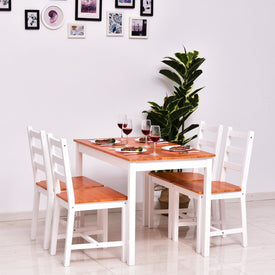 5 Piece Solid Pine Wood Table and High Back Chair Dining Set - White/Natural Wood
