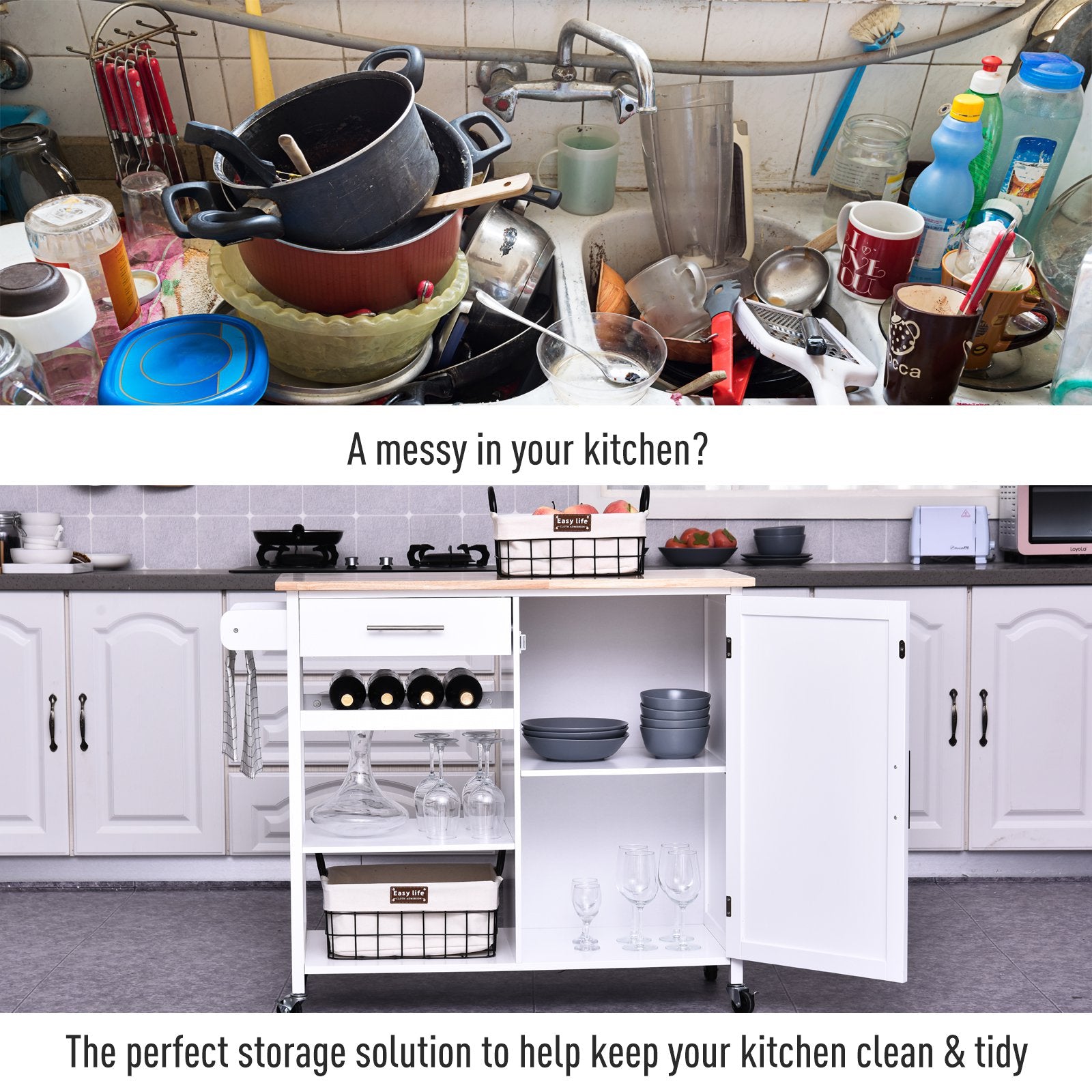 Kitchen Trolley Serving Cart Rolling with Drawer and Open Shelf White