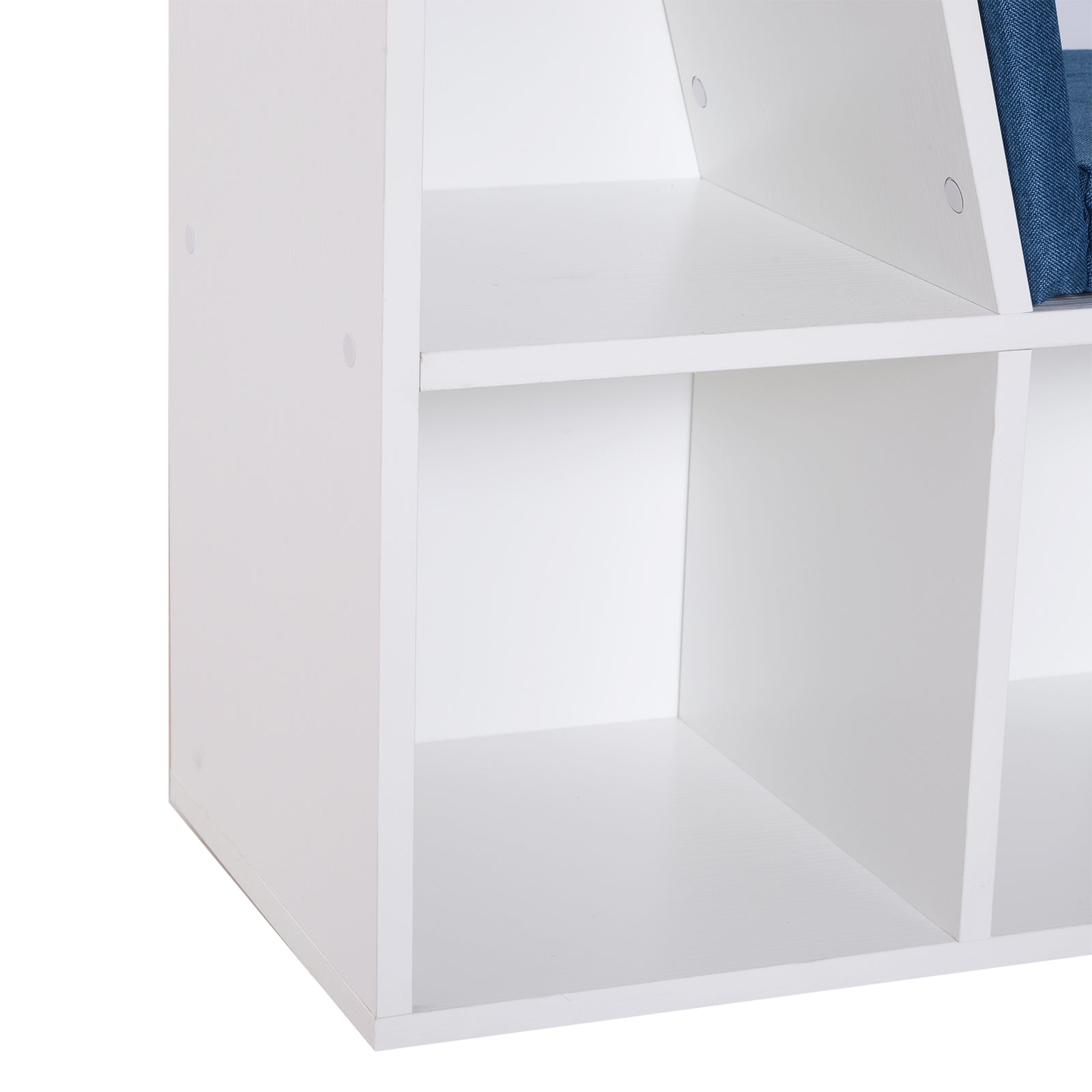6-Cubby Kids Bookcase w/ Cushioned Seat Reading Nook Multi-Purpose Storage Organizer Cabinet Shelf Children Bedroom Decor White Blue