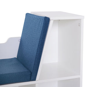 6-Cubby Kids Bookcase w/ Cushioned Seat Reading Nook Multi-Purpose Storage Organizer Cabinet Shelf Children Bedroom Decor White Blue