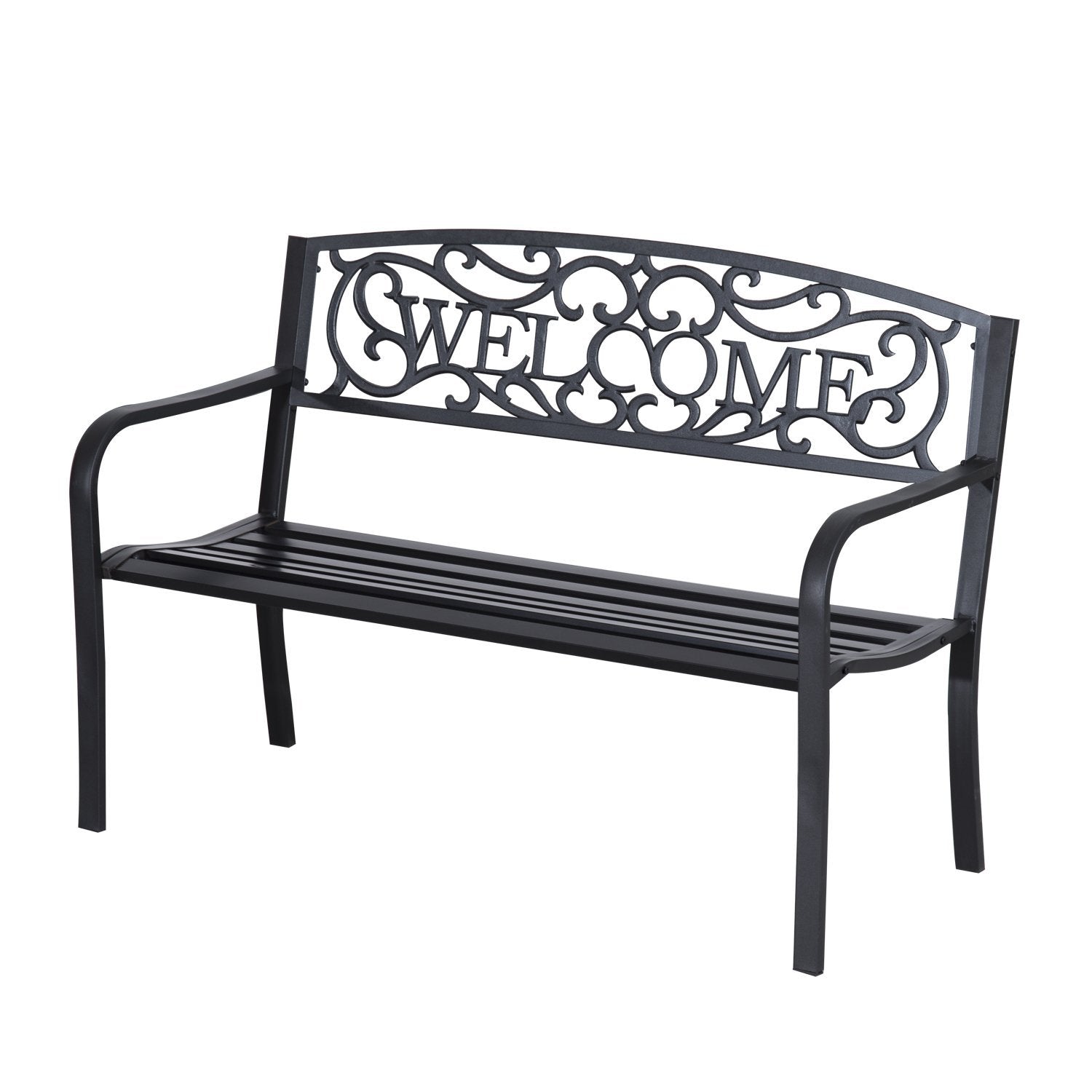 50” Steel 2 Seat Garden Bench Patio Decorative Chair Metal Backyard Seater Outdoor Furniture, Black