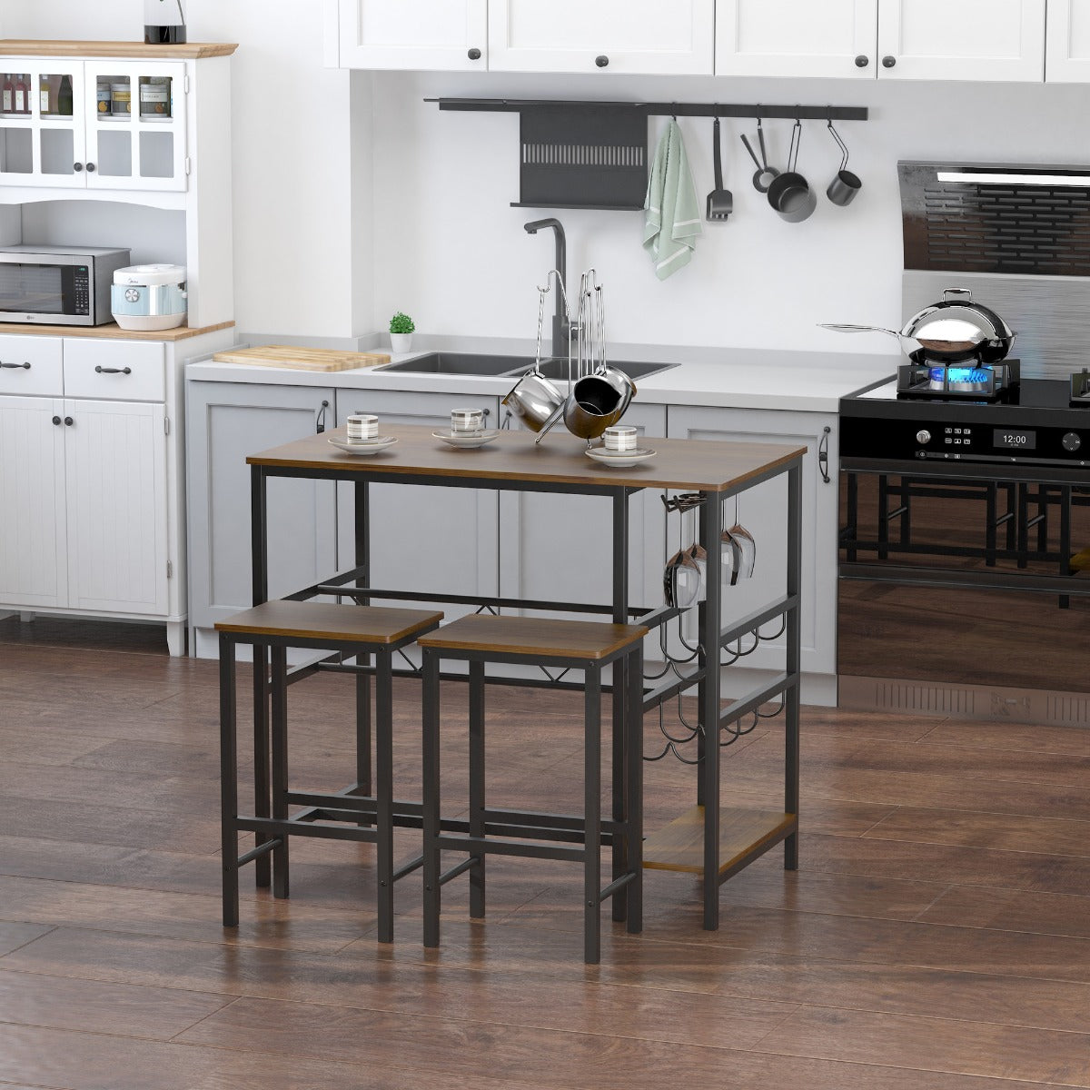 3 Pieces Bar Bistro Set with Metal Frame Wine Rack and Cup Holder Home Pub