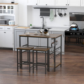 3 Pieces Bar Bistro Set with Metal Frame Wine Rack and Cup Holder Home Pub