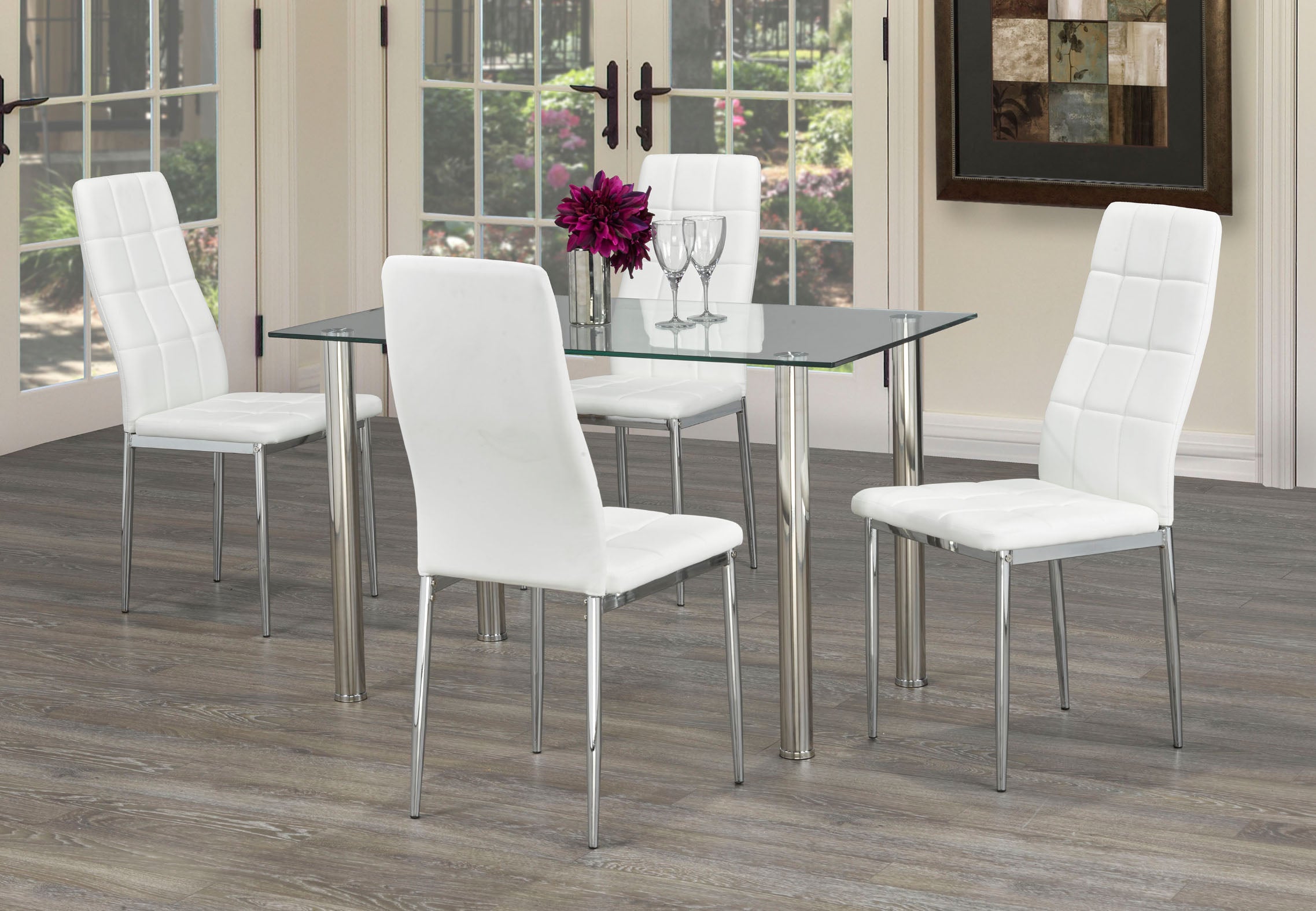 FURNITUREMATTRESSDIRECT-KITCHEN SET WITH CLEAR GLASS TABLE TOP AND BLACK/GREY/WHITE SEAT CUSHION CHAIR H-KS169