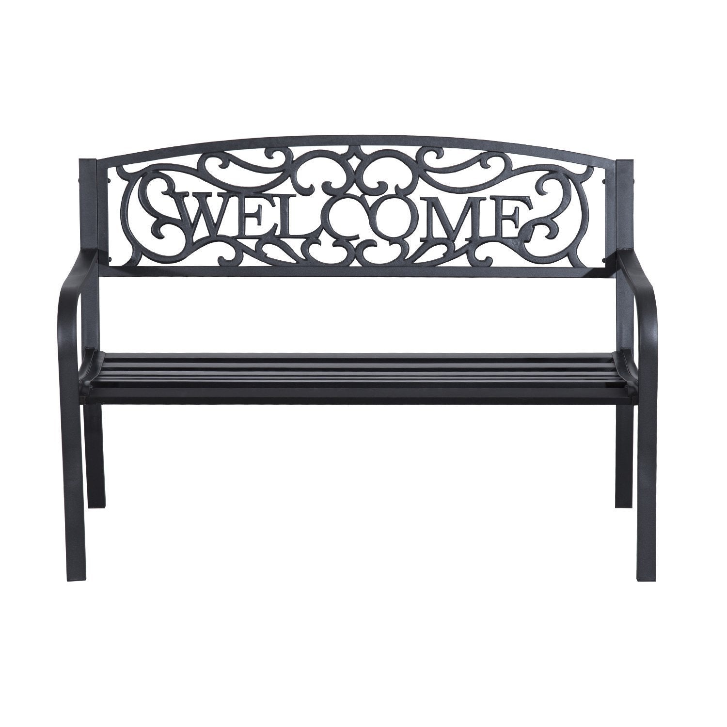 50” Steel 2 Seat Garden Bench Patio Decorative Chair Metal Backyard Seater Outdoor Furniture, Black