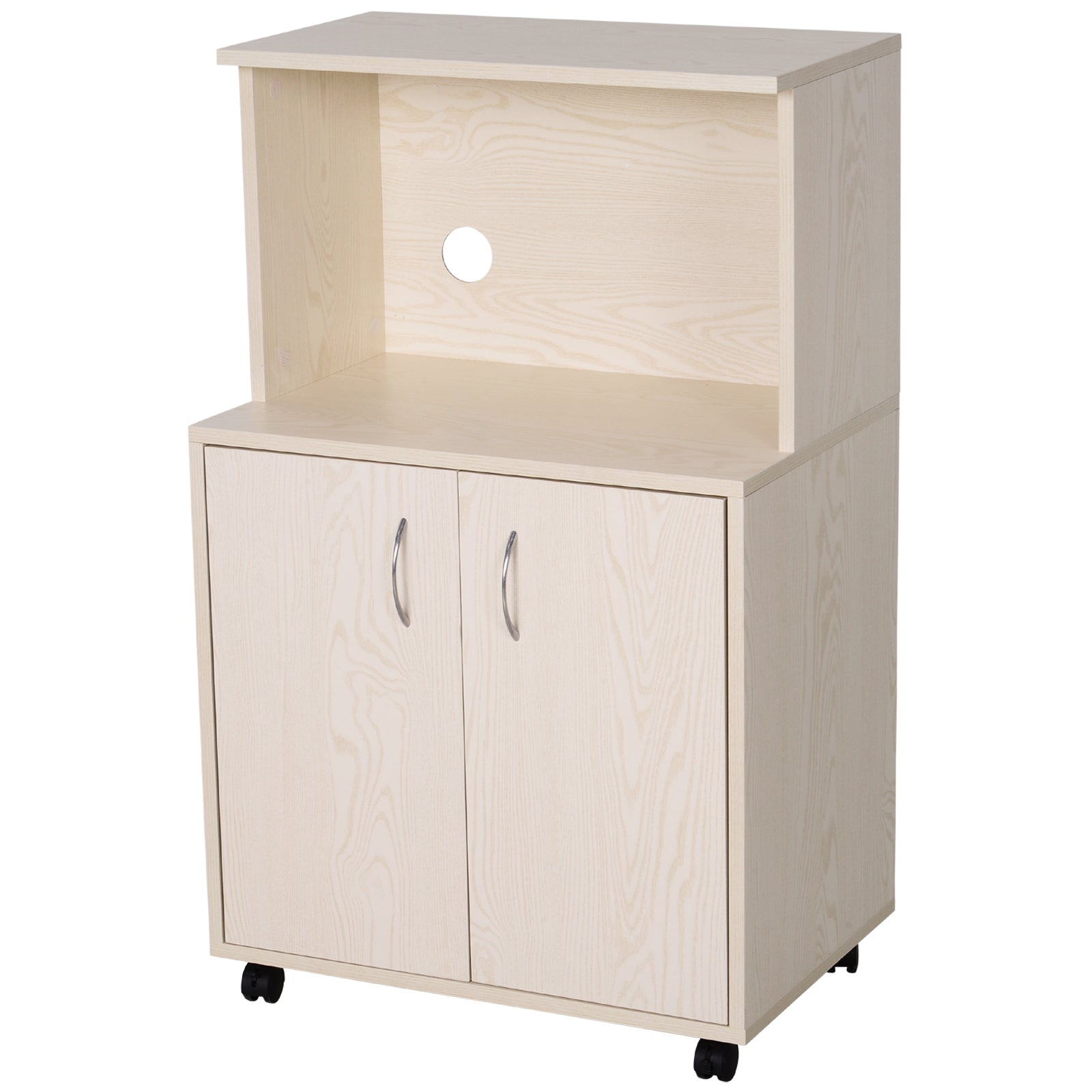 Microwaves Cart on Wheels with Storage Shelf and Cabinet White Oak Grain Color