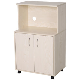 Microwaves Cart on Wheels with Storage Shelf and Cabinet White Oak Grain Color