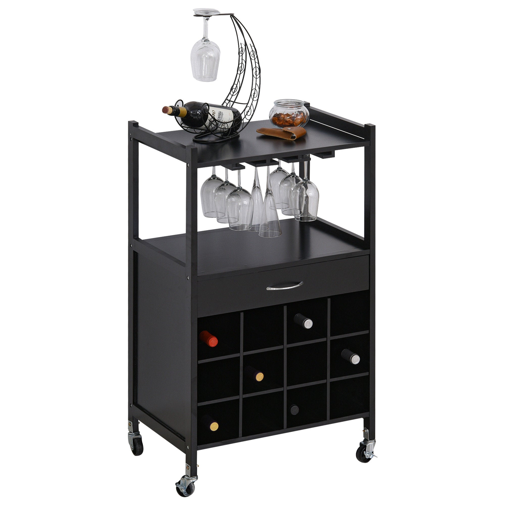 Multi-tier Rolling Kitchen Trolley Serving Cart w/ Drawer Open Shelf Wine Rack