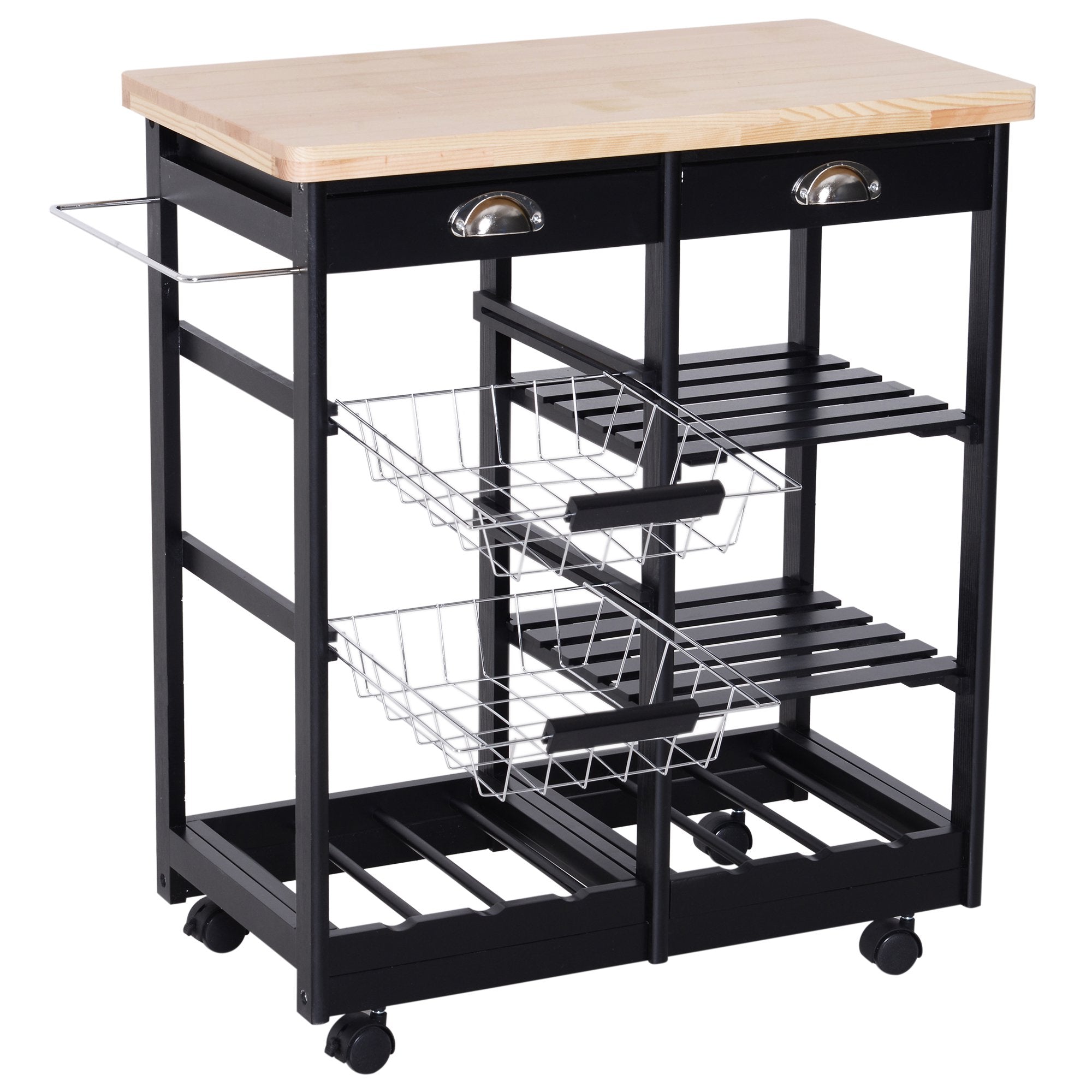 Rolling Kitchen Island Trolley Serving Cart Wheeled Storage Cabinet w/ Basket Shelves and Drawers Black