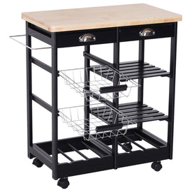 Rolling Kitchen Island Trolley Serving Cart Wheeled Storage Cabinet w/ Basket Shelves and Drawers Black