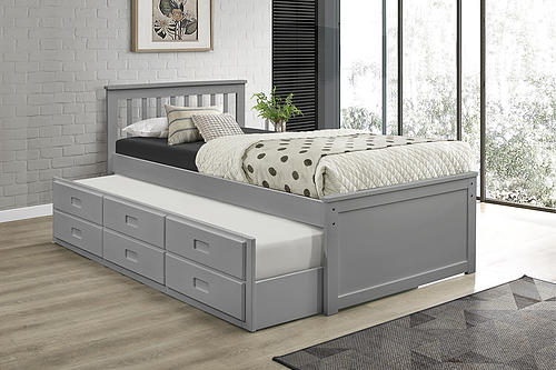 Trundle Day Bed in Single With Trundle Bed in Grey and 3 Pull-out Drawers