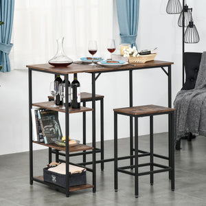 3 Pieces Industrial Bar Height Dining Table Set with Storage Shelf & 2 Stools