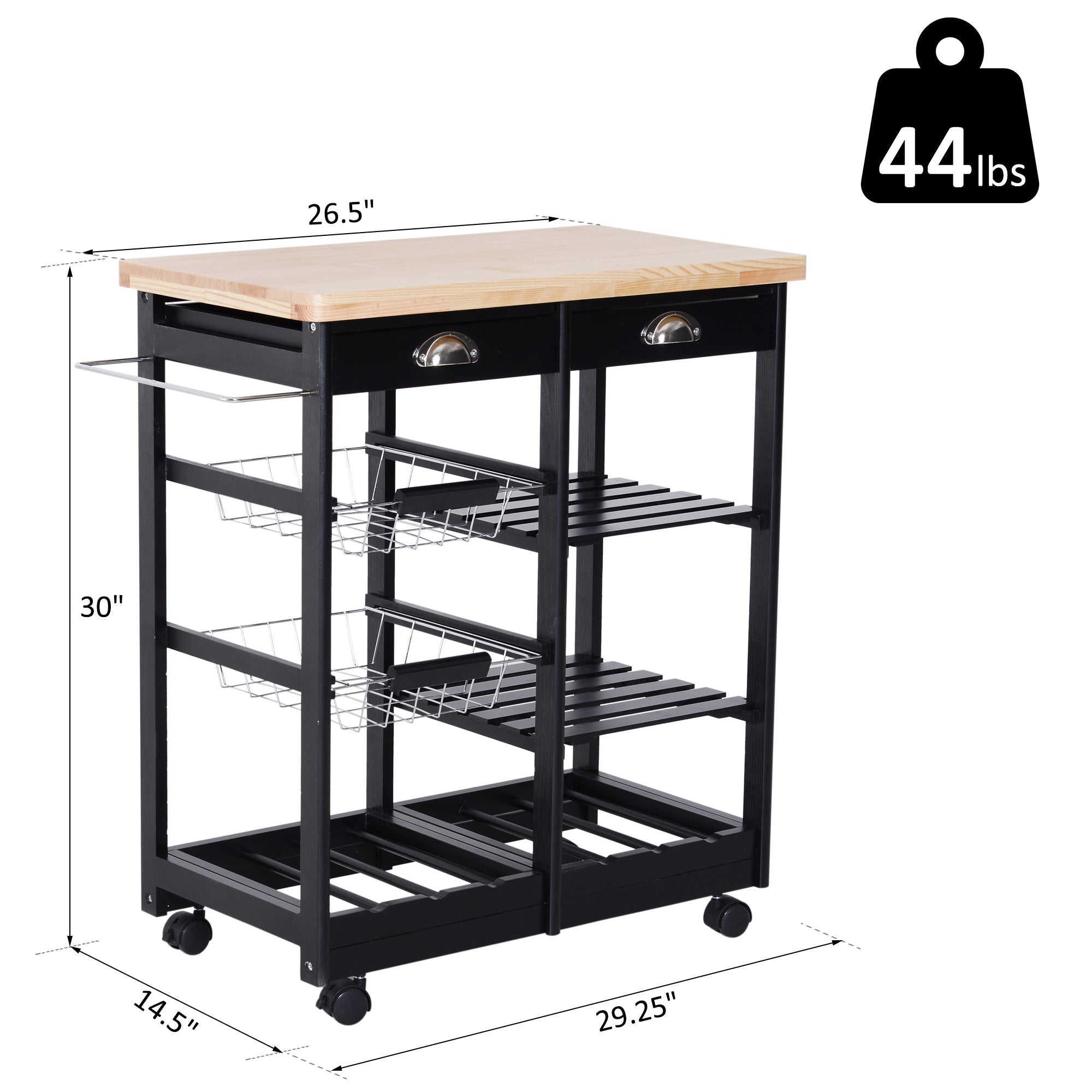 Rolling Kitchen Island Trolley Serving Cart Wheeled Storage Cabinet w/ Basket Shelves and Drawers Black