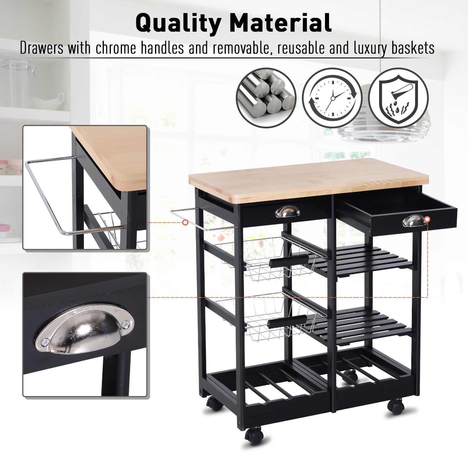 Rolling Kitchen Island Trolley Serving Cart Wheeled Storage Cabinet w/ Basket Shelves and Drawers Black