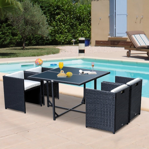 Image of 5pcs Rattan Wicker Dining Sofa Table Set Outdoor Patio Furniture with Cushion, Black