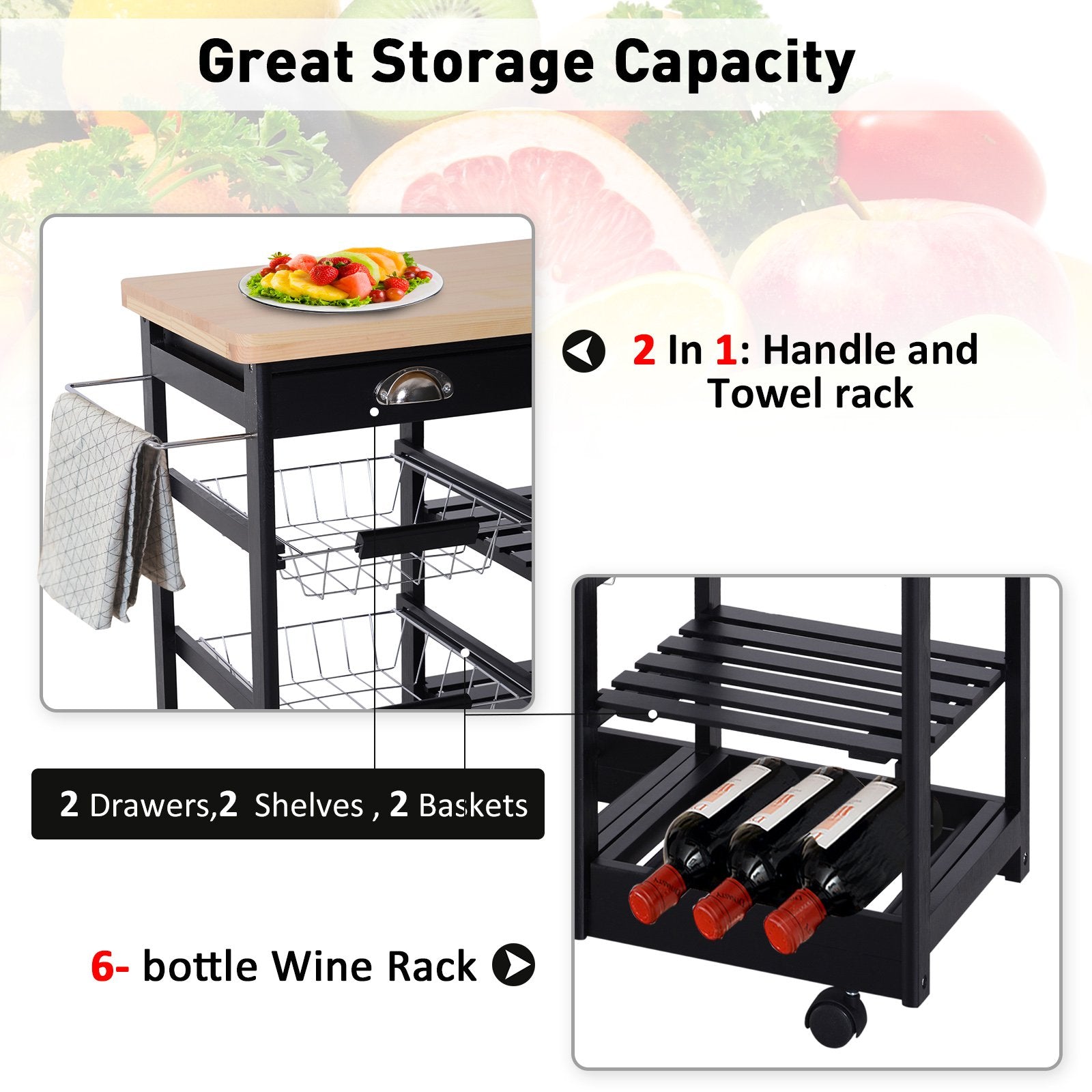 Rolling Kitchen Island Trolley Serving Cart Wheeled Storage Cabinet w/ Basket Shelves and Drawers Black