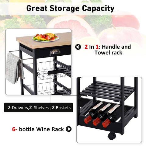 Image of Rolling Kitchen Island Trolley Serving Cart Wheeled Storage Cabinet w/ Basket Shelves and Drawers Black