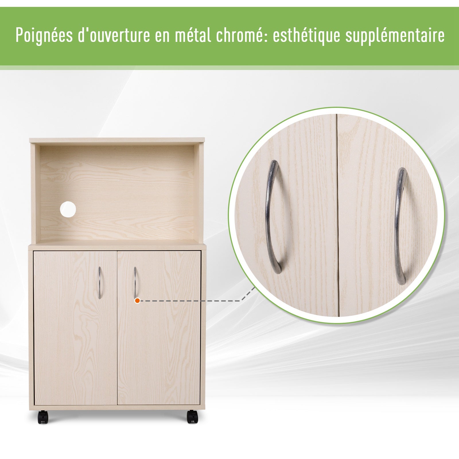 Microwaves Cart on Wheels with Storage Shelf and Cabinet White Oak Grain Color