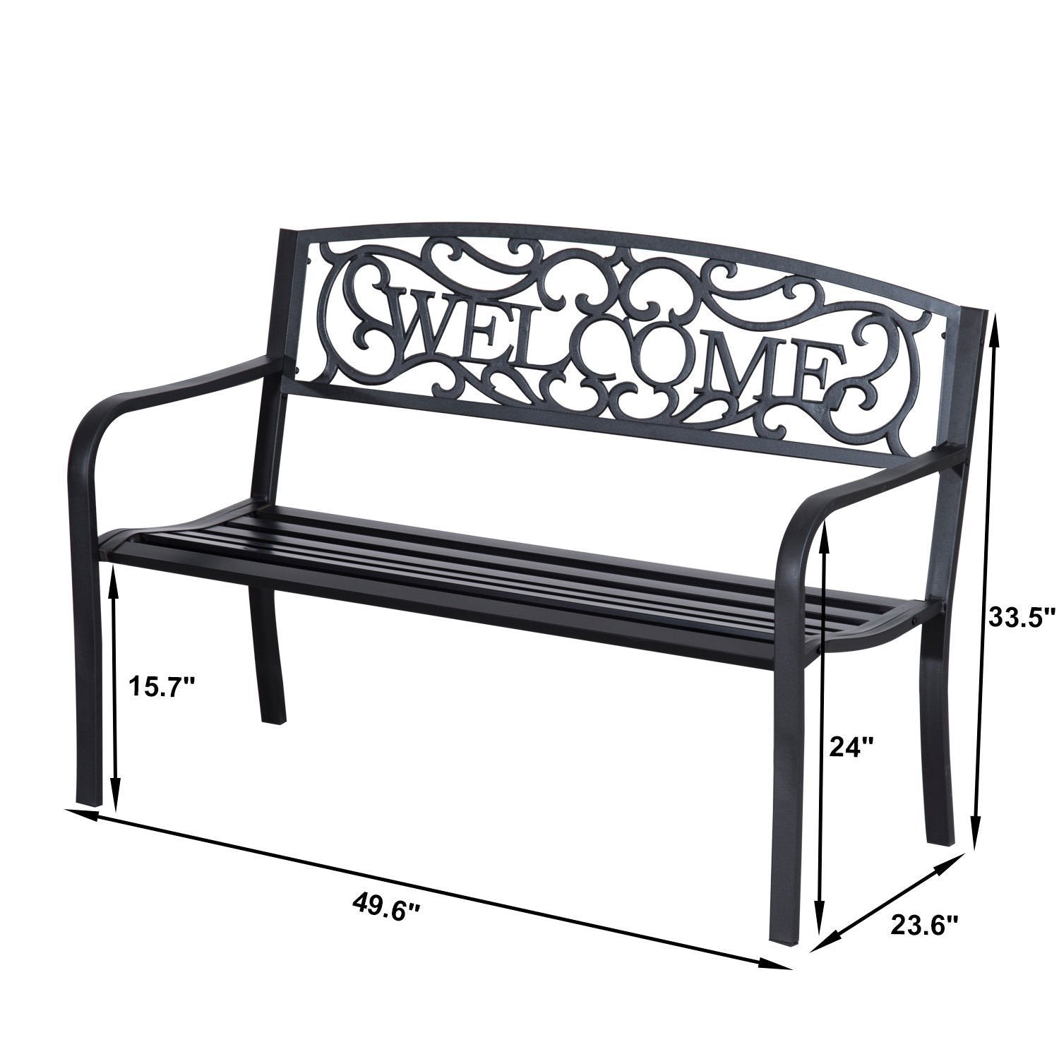 50” Steel 2 Seat Garden Bench Patio Decorative Chair Metal Backyard Seater Outdoor Furniture, Black