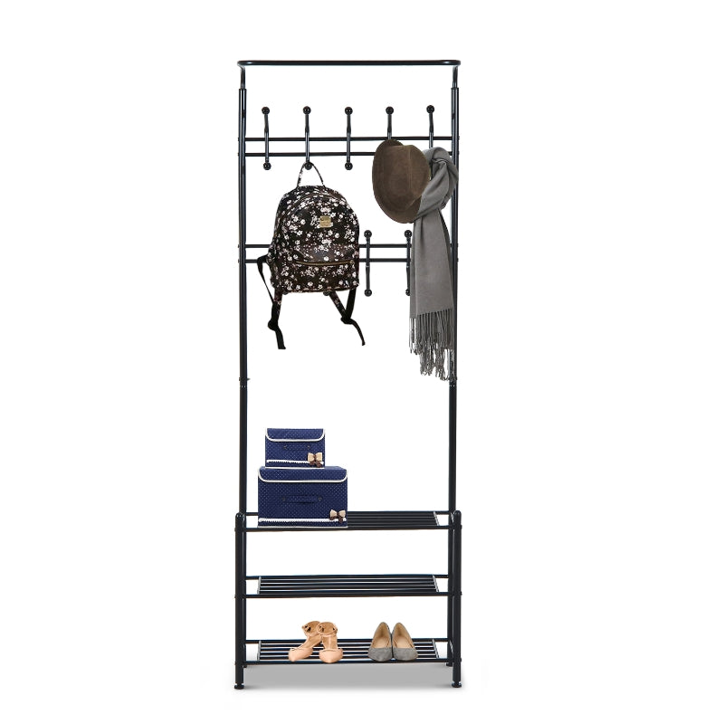 Multi-purpose Rack and Organizer Metal Entryway Coat Shoe Rack 3 Tier Shelves Entryway Hall Tree Black
